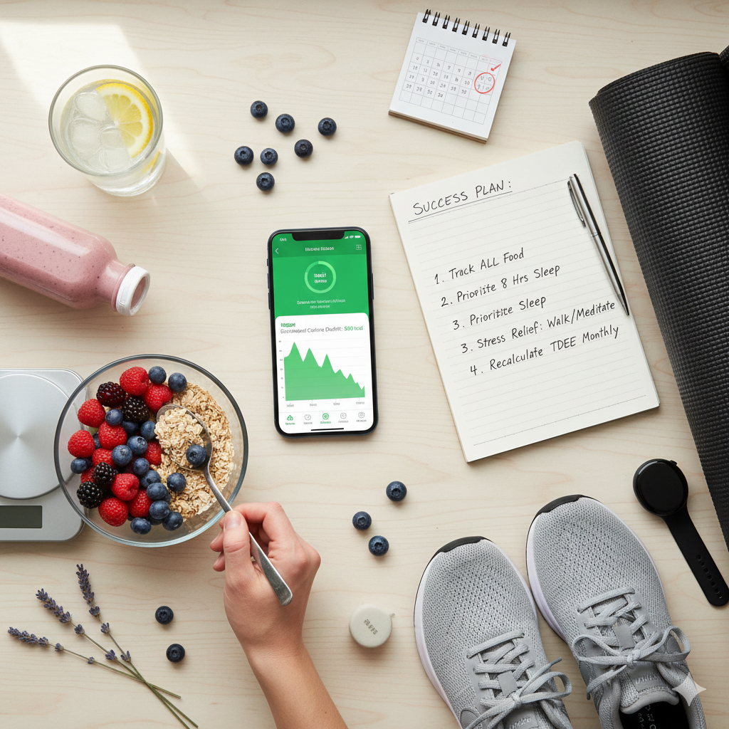 Healthy meal tracking setup with a calorie calculator, food scale, and workout gear.